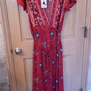 Boho maxi wrap dress - red and blue print -size small